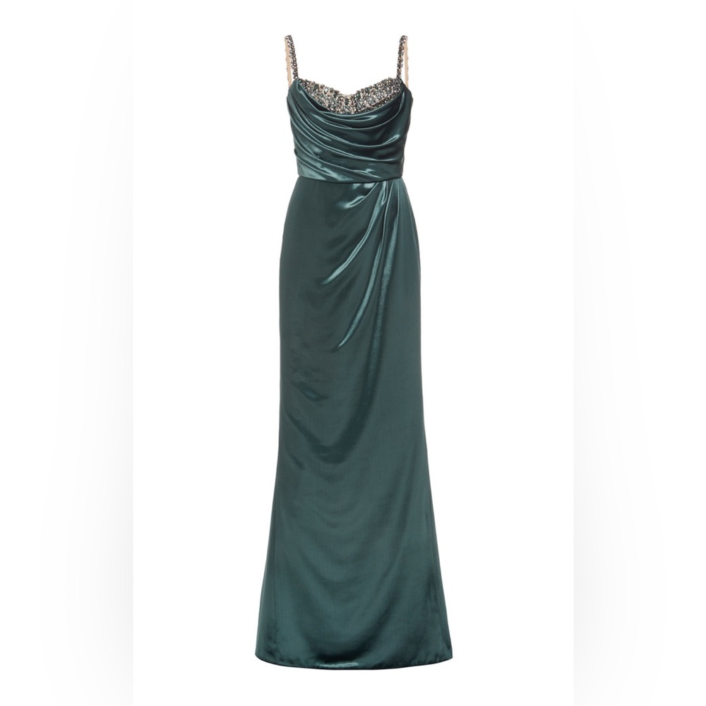 Marchesa Teal Maxi Dress with Embellished Straps